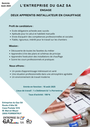 Annonce apprenti chauffage - Porrentruy et Delémont