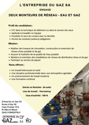ANNONCE - MONTEURS RESEAU EAU ET GAZ